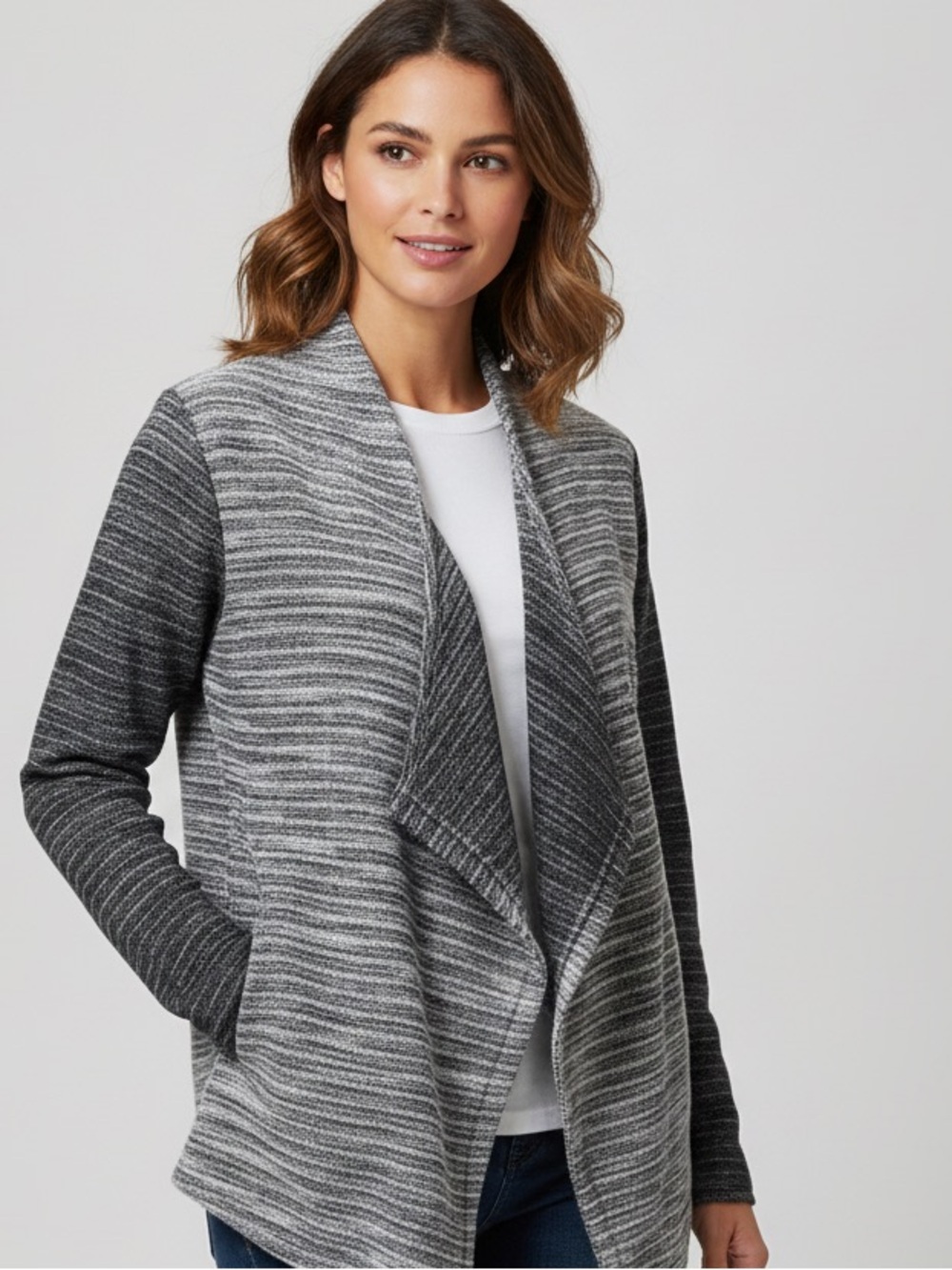 Karen Brooks Asymmetric Drape Cardigan M Gray Black Marled Knit Open Front